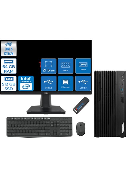 Pro DP180 Intel Core I5 12400 64GB 512GB SSD Intel UHD Grafik 21.5" Monitör Windows 11 Home Masaüstü Bilgisayar MON21422XTRH16 + Zettausbbellek