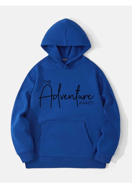 Adventure Baskılı Kapüşonlu Içi Yumuşak Polarlı Oversize Sweatshirt - Saks Mavisi