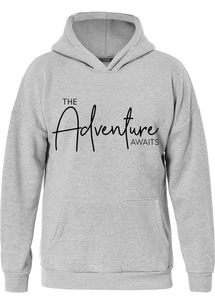 Adventure Baskılı Kapüşonlu Içi Yumuşak Polarlı Oversize Sweatshirt - Gri