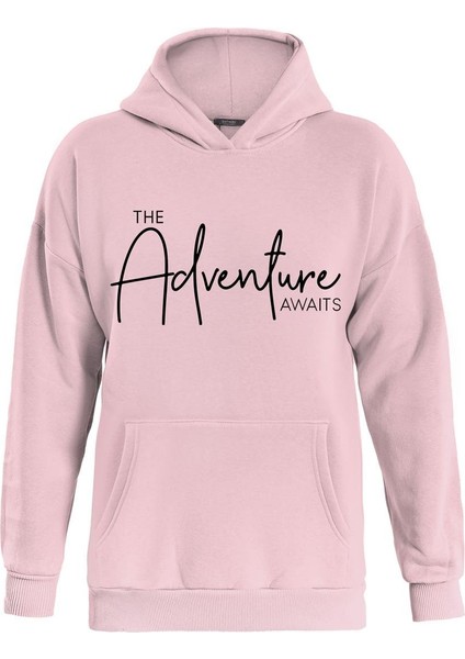 Adventure Baskılı Kapüşonlu Içi Yumuşak Polarlı Oversize Sweatshirt - Pembe
