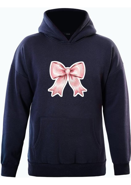 Powder Pink Baskılı Kapüşonlu Içi Yumuşak Polarlı Oversize Sweatshirt - Lacivert