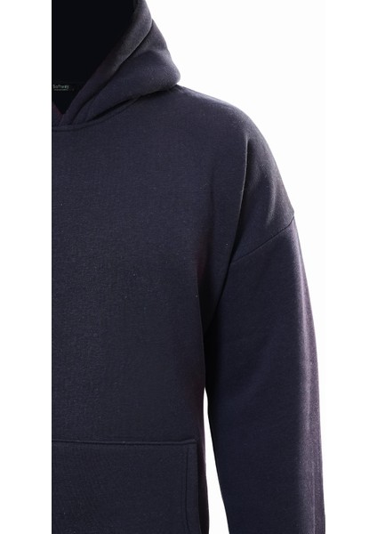 Powder Pink Baskılı Kapüşonlu Içi Yumuşak Polarlı Oversize Sweatshirt - Lacivert fırsatları