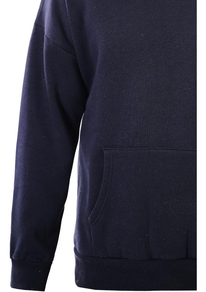 Powder Pink Baskılı Kapüşonlu Içi Yumuşak Polarlı Oversize Sweatshirt - Lacivert indirimleri