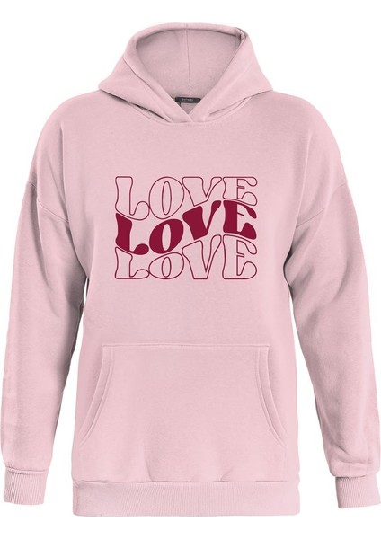 Theree Love Baskılı Kapüşonlu Içi Yumuşak Polarlı Oversize Sweatshirt - Pembe