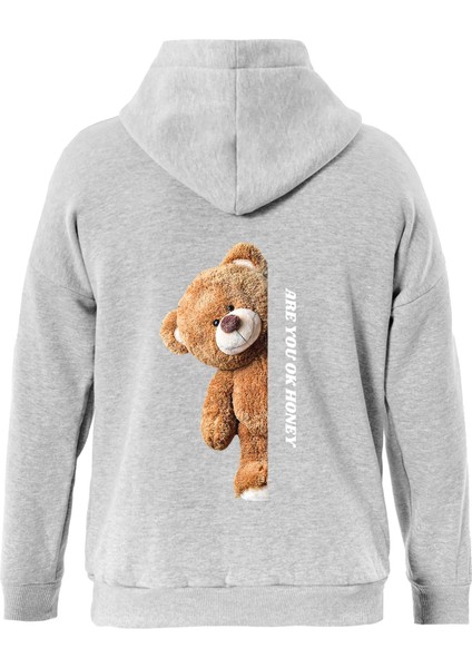 Are You Ok Honey Baskılı Kapüşonlu Içi Yumuşak Polarlı Oversize Sweatshirt - Gri