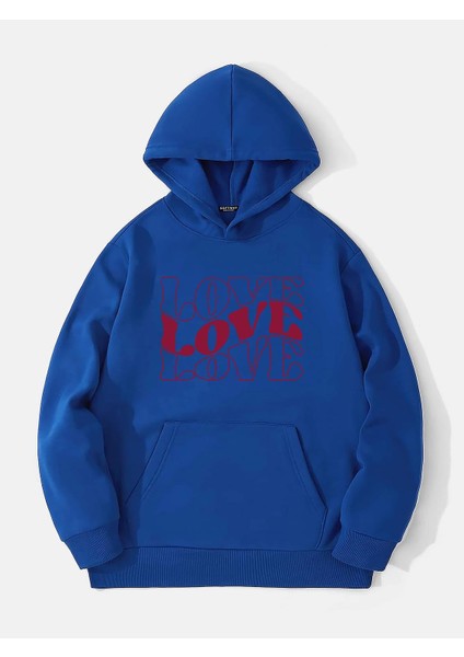 Theree Love Baskılı Kapüşonlu Içi Yumuşak Polarlı Oversize Sweatshirt - Saks Mavisi