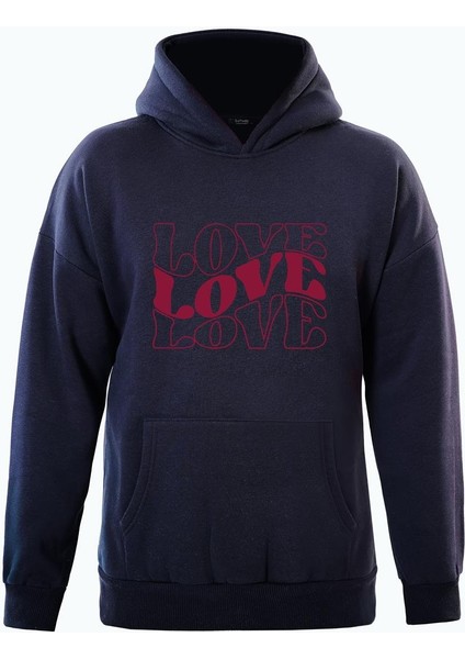 Theree Love Baskılı Kapüşonlu Içi Yumuşak Polarlı Oversize Sweatshirt - Lacivert