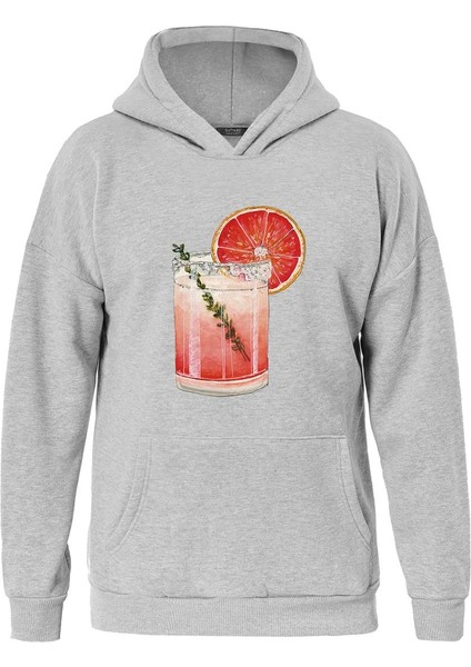 Orange Cocktail Baskılı Kapüşonlu Içi Yumuşak Polarlı Oversize Sweatshirt - Gri