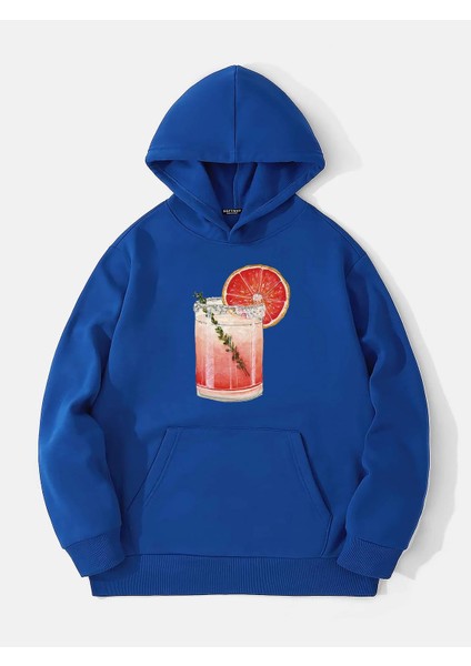 Orange Cocktail Baskılı Kapüşonlu Içi Yumuşak Polarlı Oversize Sweatshirt - Saks Mavisi
