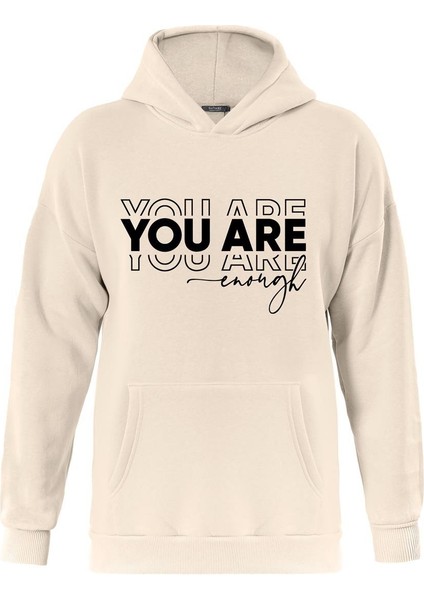 You Are Baskılı Kapüşonlu Içi Yumuşak Polarlı Oversize Sweatshirt - Bej