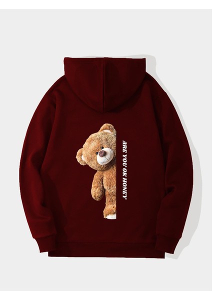 Are You Ok Honey Baskılı Kapüşonlu Içi Yumuşak Polarlı Oversize Sweatshirt - Bordo