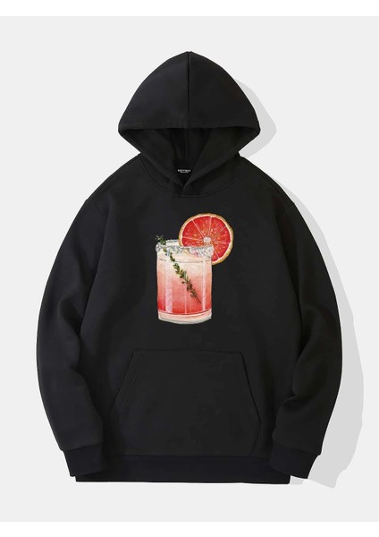Orange Cocktail Baskılı Kapüşonlu Içi Yumuşak Polarlı Oversize Sweatshirt - Siyah