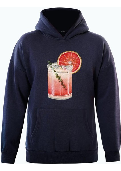 Orange Cocktail Baskılı Kapüşonlu Içi Yumuşak Polarlı Oversize Sweatshirt - Lacivert