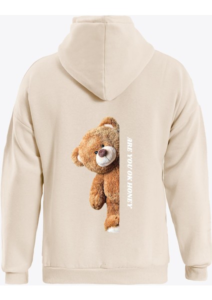 Are You Ok Honey Baskılı Kapüşonlu Içi Yumuşak Polarlı Oversize Sweatshirt - Bej