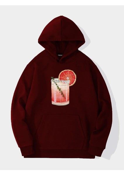 Orange Cocktail Baskılı Kapüşonlu Içi Yumuşak Polarlı Oversize Sweatshirt - Bordo