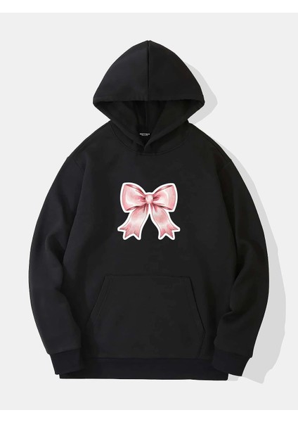 Powder Pink Baskılı Kapüşonlu Içi Yumuşak Polarlı Oversize Sweatshirt - Siyah