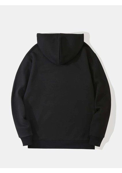 Powder Pink Baskılı Kapüşonlu Içi Yumuşak Polarlı Oversize Sweatshirt - Siyah