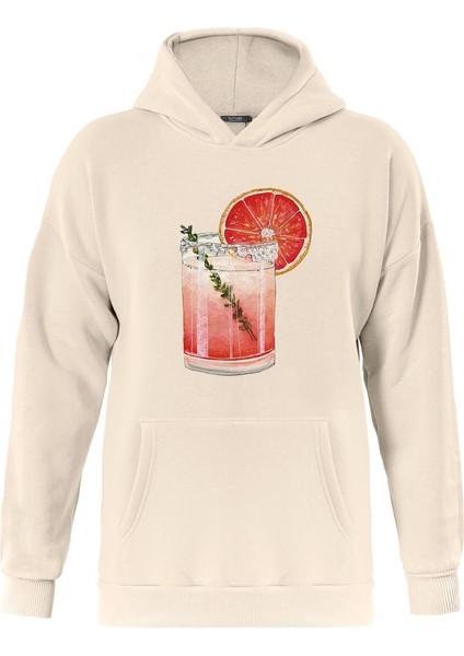 Orange Cocktail Baskılı Kapüşonlu Içi Yumuşak Polarlı Oversize Sweatshirt - Bej