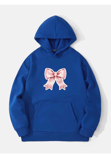 Powder Pink Baskılı Kapüşonlu Içi Yumuşak Polarlı Oversize Sweatshirt - Saks Mavisi