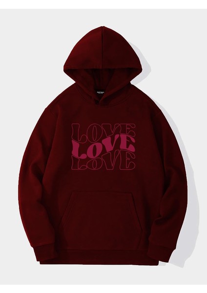 Theree Love Baskılı Kapüşonlu Içi Yumuşak Polarlı Oversize Sweatshirt - Bordo