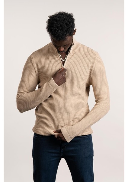 Fbı Fermuarlı Balıkçı Kendinden Çizgili Örgülü Likralı Slimfit Triko Kazak