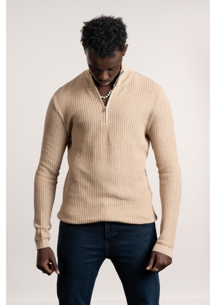 Fbı Fermuarlı Balıkçı Kendinden Çizgili Örgülü Likralı Slimfit Triko Kazak modelleri