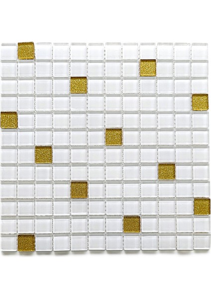 Mutfak Tezgah Arası, Havuz, Banyo, Sauna, Spa, ve Yaşam Alanlarının Tüm Yüzeyleri İçin. 23X23MM Beyaz-Altın Sim Karışım 30X30CM. Fileli Kristal Cam Mozaik.