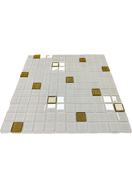Mutfak Tezgah Arası, Havuz, Banyo, Sauna, Spa, ve Yaşam Alanlarının Tüm Yüzeyleri İçin. 23X23MM Beyaz-Altın Sim Karışım 30X30CM. Fileli Kristal Cam Mozaik. fiyatları