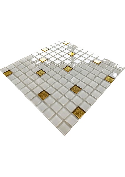 Mutfak Tezgah Arası, Havuz, Banyo, Sauna, Spa, ve Yaşam Alanlarının Tüm Yüzeyleri İçin. 23X23MM Beyaz-Altın Sim Karışım 30X30CM. Fileli Kristal Cam Mozaik. modelleri
