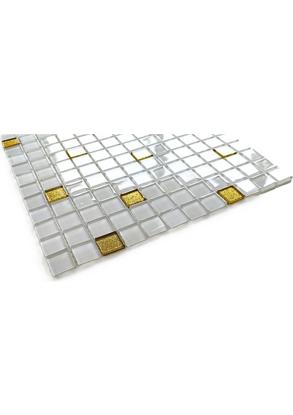 Mutfak Tezgah Arası, Havuz, Banyo, Sauna, Spa, ve Yaşam Alanlarının Tüm Yüzeyleri İçin. 23X23MM Beyaz-Altın Sim Karışım 30X30CM. Fileli Kristal Cam Mozaik. fırsatları