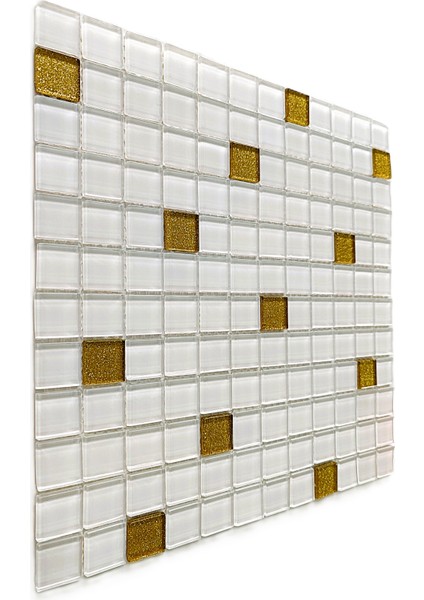 Mutfak Tezgah Arası, Havuz, Banyo, Sauna, Spa, ve Yaşam Alanlarının Tüm Yüzeyleri İçin. 23X23MM Beyaz-Altın Sim Karışım 30X30CM. Fileli Kristal Cam Mozaik. indirimleri