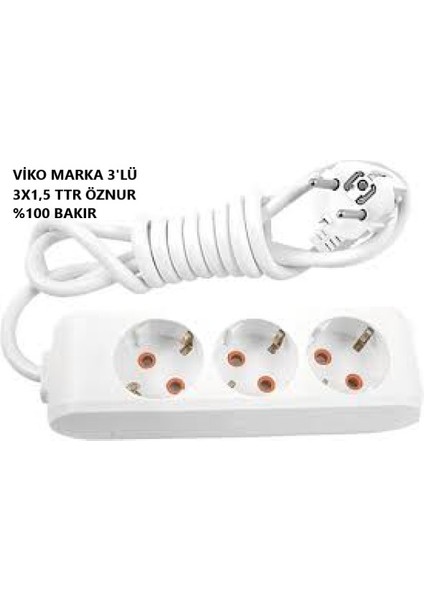 3x1,5 Ttr Kablo Bakır Kablo Üçlü Grup Priz (Uzatma-Seyyar)
