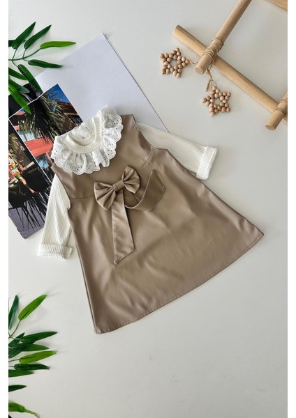 Yaka Güpürlü Deri Fiyonklu Kız Jile Takımı 2'li - Bej