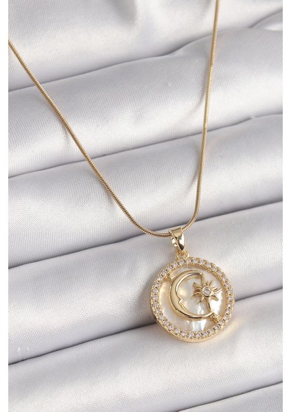 Pilelistore 316L Çelik Gold Renk Zincir Zirkon Taş Detaylı Beyaz Sedefli Ay Yıldız Model Kadın Kolye - TJ-BKO9638
