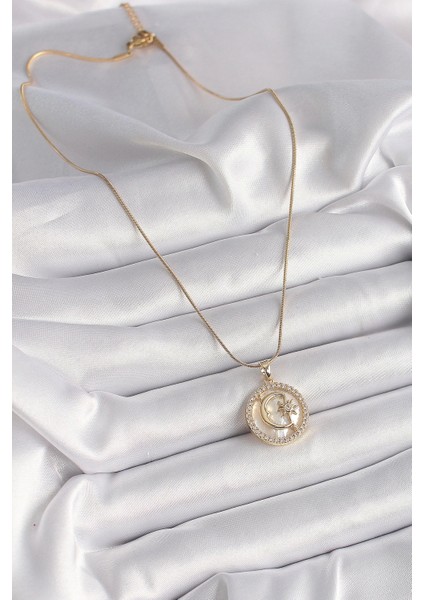 Pilelistore 316L Çelik Gold Renk Zincir Zirkon Taş Detaylı Beyaz Sedefli Ay Yıldız Model Kadın Kolye - TJ-BKO9638