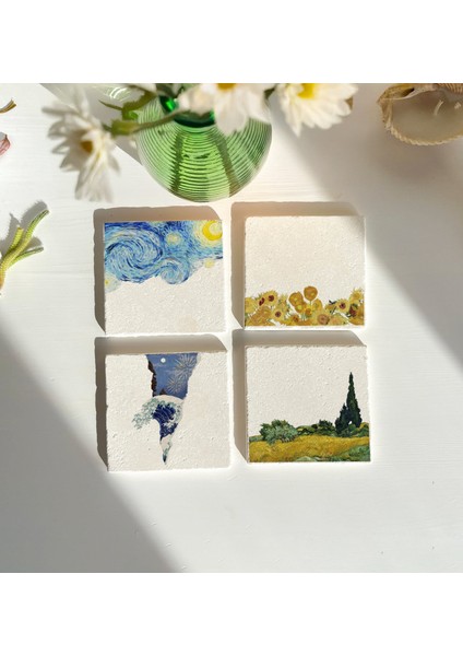Sanat Eserleri Temalı Doğal Taş Bardak Altlığı - 4'lü Set