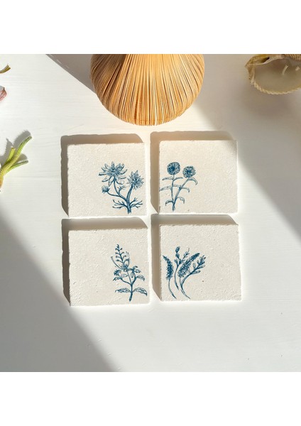 Minimal Botanik Desenli Doğal Taş Bardak Altlığı - 4\'lü Set