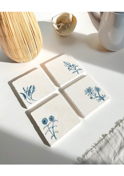 Minimal Botanik Desenli Doğal Taş Bardak Altlığı - 4\'lü Set