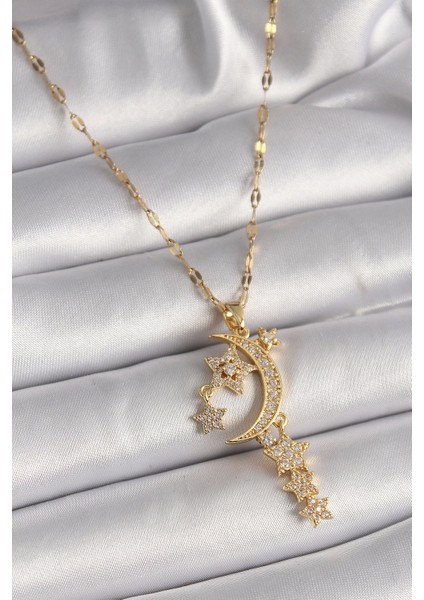 Pilelistore 316L Çelik Gold Renk Zincir Zirkon Taşlı Hilal Yıldız Figür Sallantı Detay Kadın Kolye - TJ-BKO9646