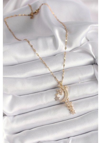 Pilelistore 316L Çelik Gold Renk Zincir Zirkon Taşlı Hilal Yıldız Figür Sallantı Detay Kadın Kolye - TJ-BKO9646