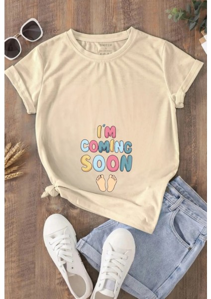 Yeni Anne Olucaklara I'm Coming Soon Baskılı Oversize Tişört Hamile T-Shirt