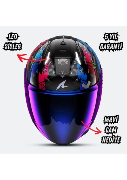 Skwal I3 Jet Hellcat Mavi/mor Güvenli Açık Kask Ledli Model - Dar Kalıp