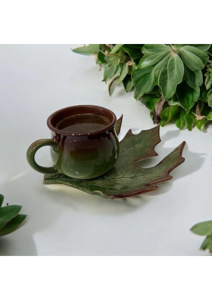 El Yapımı Çınar Yaprak Figürlü Çay ve Kahve Fincanı Seti, 1 Kişilik