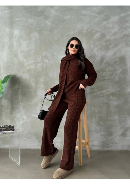 Şal Atkı Detaylı Saç Örgü Desenli Pantolon Kazakikili Takım