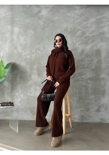 Şal Atkı Detaylı Saç Örgü Desenli Pantolon Kazakikili Takım fiyatları