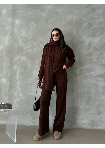 Şal Atkı Detaylı Saç Örgü Desenli Pantolon Kazakikili Takım modelleri