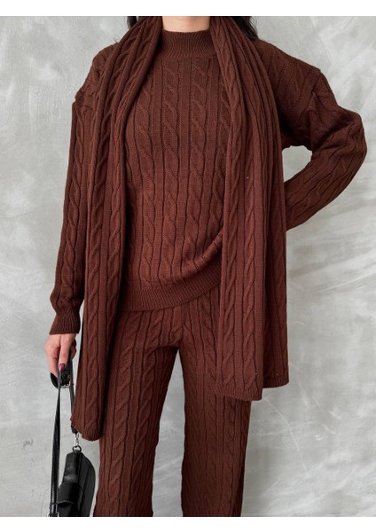 Şal Atkı Detaylı Saç Örgü Desenli Pantolon Kazakikili Takım fırsatları