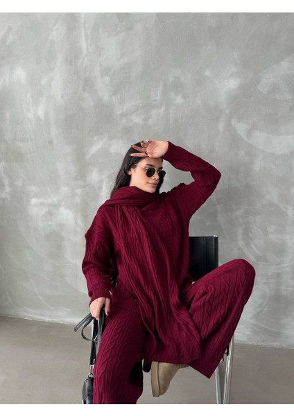 Şal Atkı Detaylı Saç Örgü Desenli Pantolon Kazakikili Takım