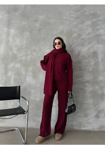 Şal Atkı Detaylı Saç Örgü Desenli Pantolon Kazakikili Takım fiyatları