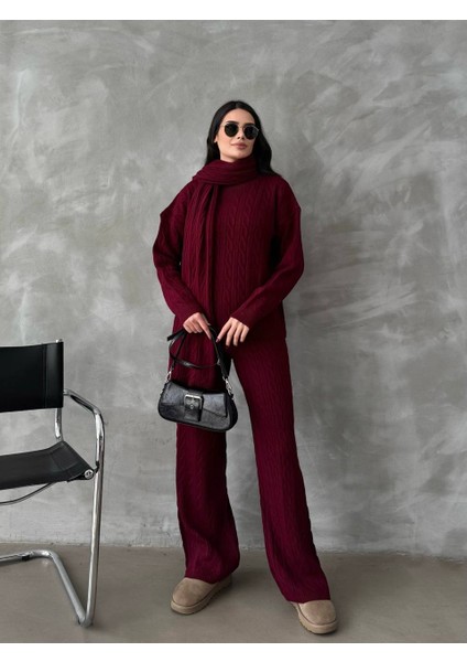 Şal Atkı Detaylı Saç Örgü Desenli Pantolon Kazakikili Takım modelleri